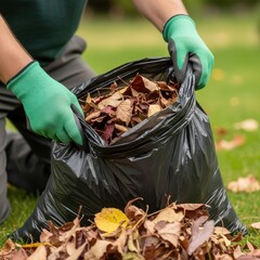 Autumn Cleanup: Gardener Bagging Fallen Leaves in a Leaf-Filled Yard