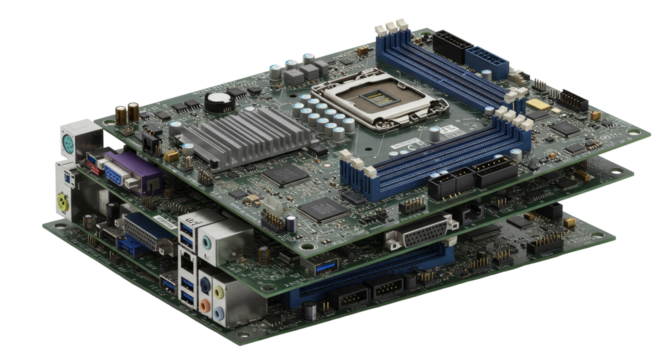 Etrash. Pile of Discarded Electronic Waste Components for Recycling. Stacked Computer Motherboards Green with Electronic Components on White