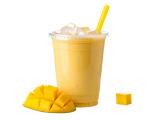 A mango milkshake takeaway cup with a yellow straw and ice cubes isolated on a transparent background.