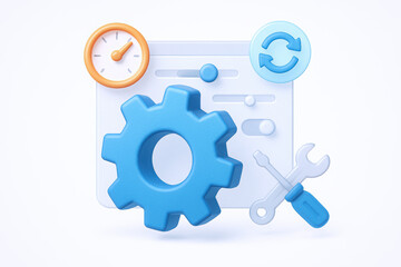 Obraz premium Colorful 3D illustration of a gear, clock, and tools representing management and maintenance.