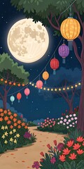 Celebrate Sharad Purnima with a glowing full moon, vibrant lanterns, and festive floral decorations under the night sky
