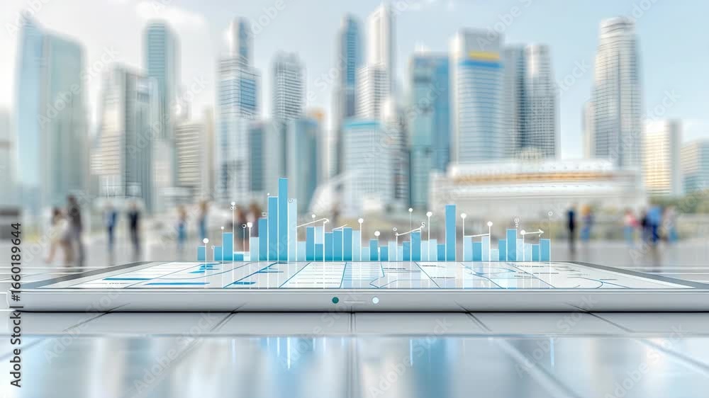 Aufkleber digital interface displays data visualizations set in a bustling urban scene with skyscrapers and pe