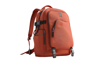 Orange backpack, side view with compartments, buckles, and straps. Modern design