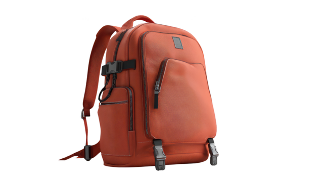 Orange backpack, side view with compartments, buckles, and straps. Modern design
