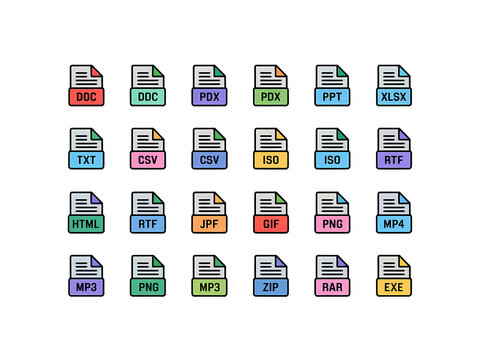 Assortment of Digital File Format Icons in Various Colors document icon file type