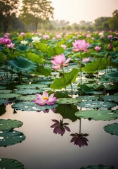 Fototapeta premium Serene lotus pond reflecting pink blossoms and verdant lily pads at dawn