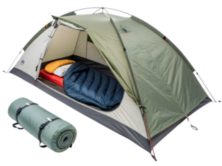 Camping tent with sleeping bag and rolled sleeping pad