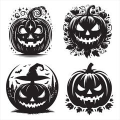 Halloween jack-o-lantern pumpkin faces decorative silhouettes bundle vector set