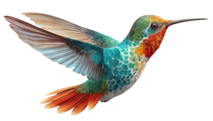 A colorful hummingbird in flight, showing its iridescent feathers and long beak