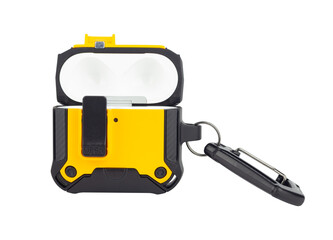 protective case with carabiner for wireless headphones, isolated from the background