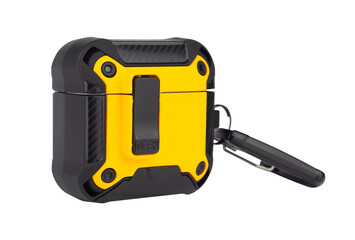 protective case with carabiner for wireless headphones, isolated from the background