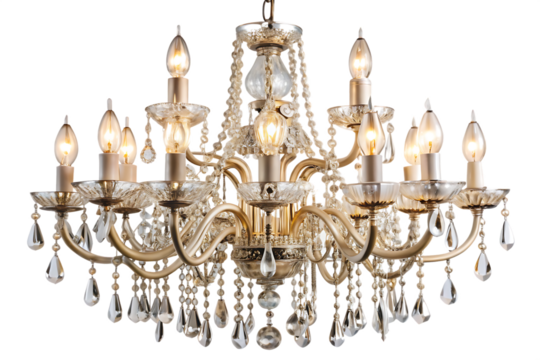 Ornate golden chandelier with crystal drops and flame bulbs lighting luxury isolated on a transparent background