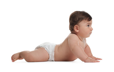 Obraz premium Cute little baby in diaper on white background