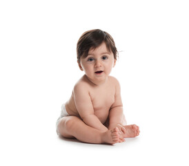 Cute little baby in diaper on white background