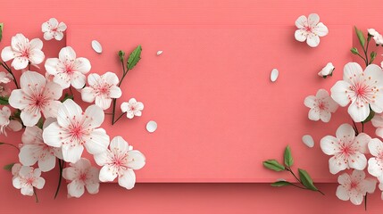 Fototapeta premium Cherry Blossom Frame on Coral Background for Spring or Wedding