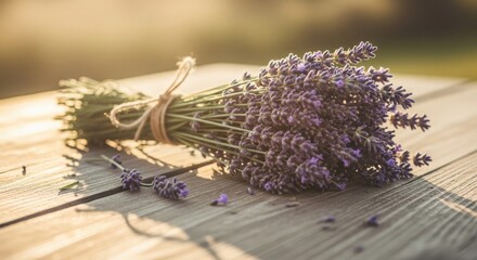 Bunch of purple lavender tied with twine on a wooden table in sunlight flowers bouquet