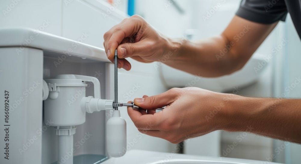 Poster technician adjusting the float arm on a toilet fill valve kit during installation to ensure proper w