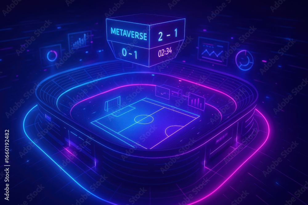 Poster futuristic metaverse stadium concept with virtual scoreboards and data displays illuminating in a