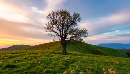 Green grass field Single Tree on a Green Hill at Sunrise and yellow sunlight against blue sky, Generated with AI.