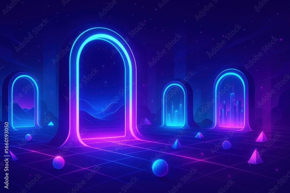 Poster neon portals to alternate realities in a retro futuristic virtual landscape creating a captivating