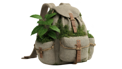 A light gray, textured backpack, adorned with moss and small plants, suggesting an outdoor, nature-inspired design.  Leather straps and rope accents complete the look