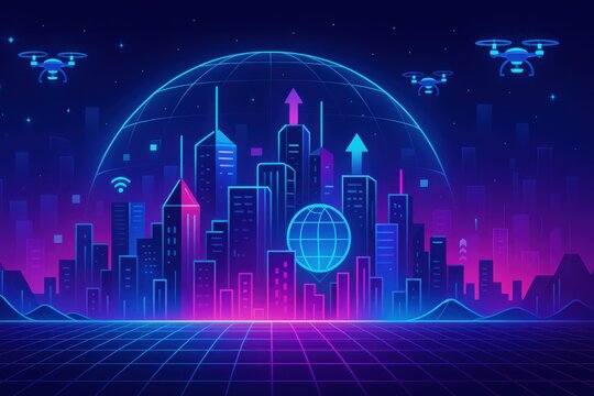 Futuristic cityscape with drones and glowing network representing urban technology landscape
