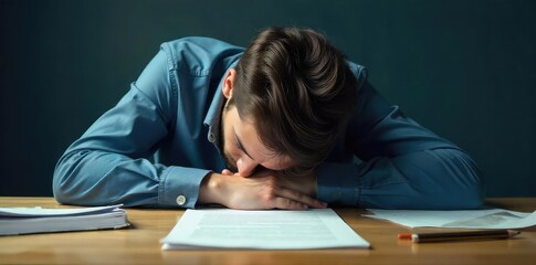 Exhausted Office Worker Slumped at Desk, Surrounded by Papers and a Broken Pencil - Feeling Defeat and Stress