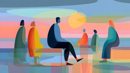 Abstract Representation of People Engaged in Thoughtful Discussion at Sunset Over a Tranquil Horizon