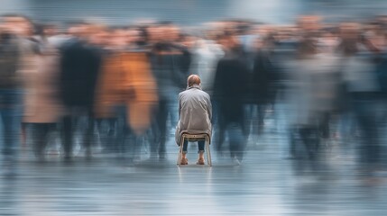 Individual sitting alone in a crowd of people moving forward joyfully, looking back anxiously, symbolizing fear of being left behind, emotional realism 