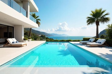 Fototapeta premium Sun-Drenched Geometric Pool Tranquil Blue Waters Ideal for Luxury Resort or Modern Home Relaxation