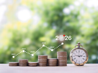 Vintage watch, Stack of coins with graph. The concept of business growth, Financial investment,...
