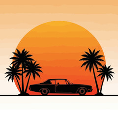 Classic car silhouette parked on a tropical coastline with palm trees against a beautiful orange sunset background.