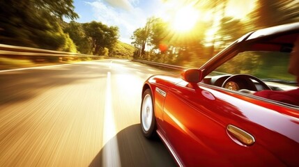 Obraz premium Experience the thrill of a red convertible speeding down a sunlit winding road