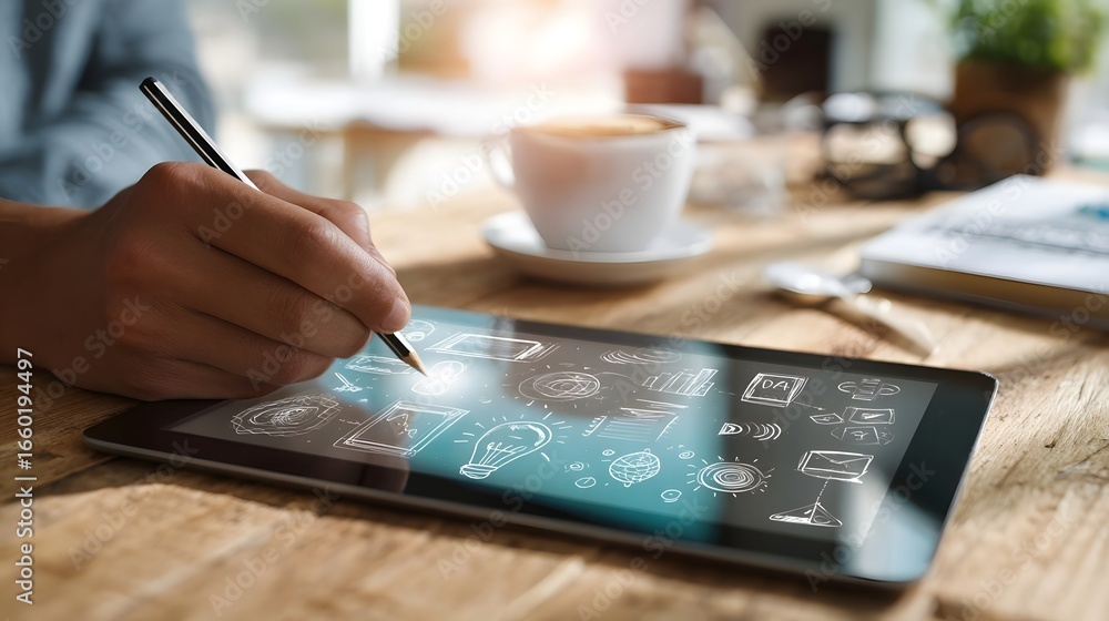 Poster digital tablet showcasing creative workspace with idea sketches and icons