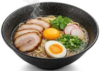 Delicious bowl of steaming hot ramen noodles with pork and egg isolated on white background