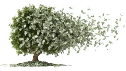 Tree with money leaves, some falling, representing financial growth