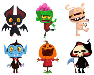 Cartoon set of Halloween characters design. Vector  illustration of mummy zombie vampire ghost grim reaper devil werewolf witch pumpkin head
