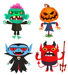 Cartoon set of Halloween characters design. Vector  illustration of zombie vampire devil pumpkin head