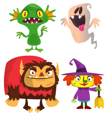 Cartoon set of Halloween characters design. Vector  illustration of ghost werewolf witch pumpkin head