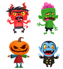 Cartoon set of Halloween characters design. Vector  illustration of mummy zombie vampire devil witch pumpkin head