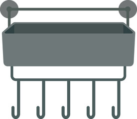 Wall mounted metal storage rack with rectangular basket and five hooks, ideal for kitchen or bathroom organization