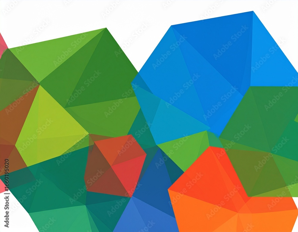 Poster a vibrant abstract design features a collection of interconnected polygons in a variety of bright, t