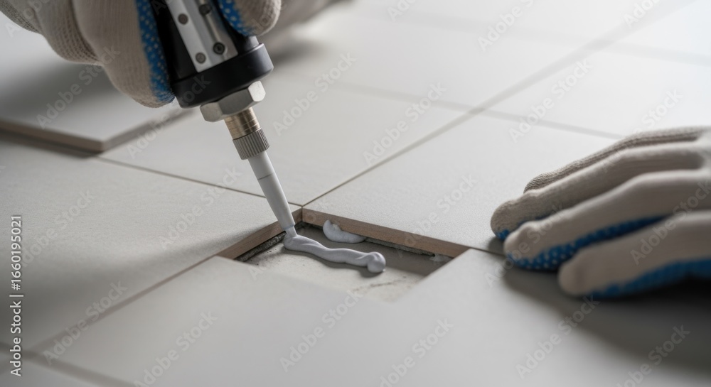 Poster stepbystep footage of ceramic tile rebonding process showing glue injection beneath tile using a sma