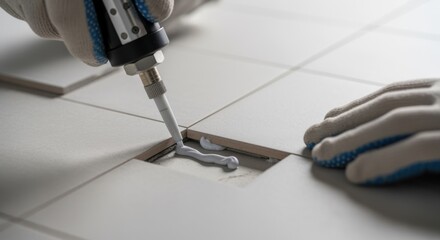 Stepbystep footage of ceramic tile rebonding process showing glue injection beneath tile using a small adhesive applicator.