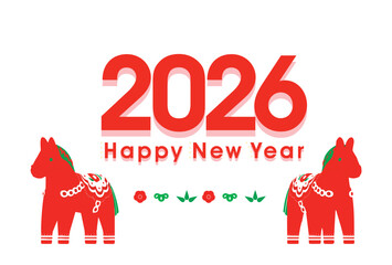 Illustration of a horse for 2026 New Year's card. Year-end and New Year. Illustration of Dalarna Horse. Auspicious. Souvenirs. Denmark. Tradition. Good luck. Horses. Year of the horse. Zodiac signs.