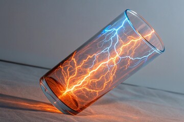 Glass tumbler filled with glowing orange and blue electrical energy sparks