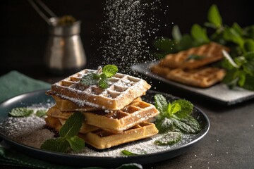Delicious stack of freshly made waffles dusted with powdered sugar and mint garnish