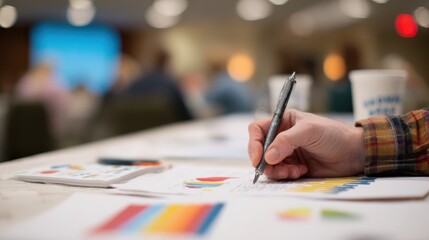 Sharp medium shot of a professional highlighting key sustainability metrics in underwriting guidelines with workshop materials and participants subtly blurred behind.