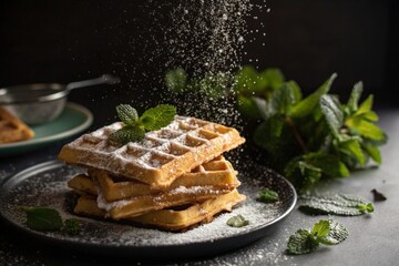 Stack of delicious waffles dusted with powdered sugar and fresh mint