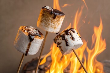 Three marshmallows roasting over a campfire with chocolate drizzle